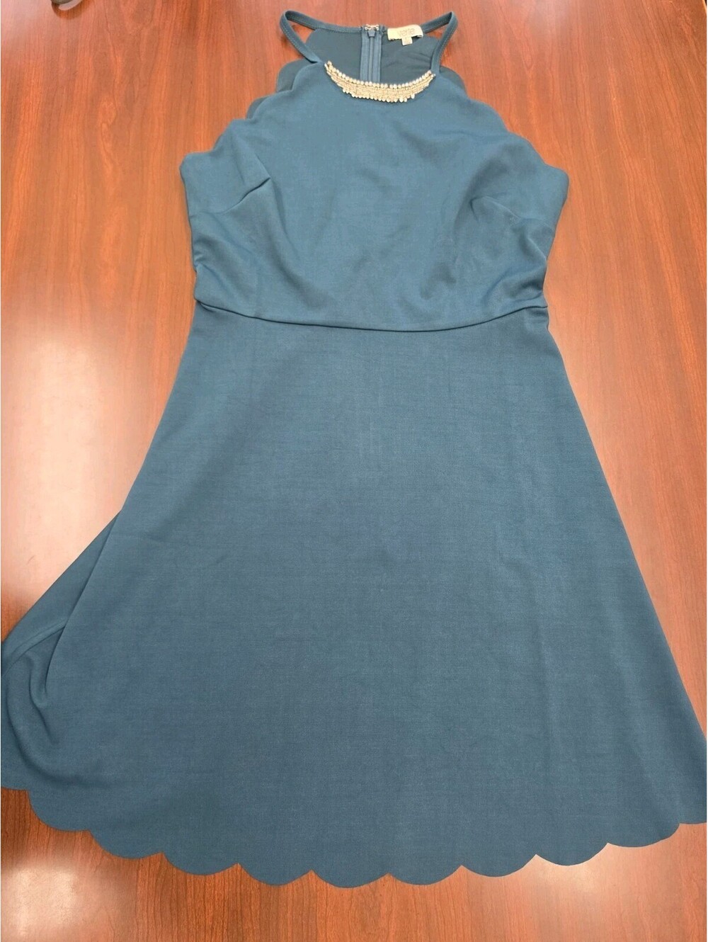 Verte NWOT Teal Scallop Hem Fit & Flare Dress Beaded Neck Sleeveless Women's L